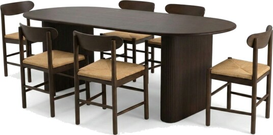 Noira spisegruppe uttrekkbar 160–220 cm røkt eik med 6 Malte spisestoler Noira spisegruppe uttrekkbar 160–220 cm røkt eik med 6 Malte spisestoler