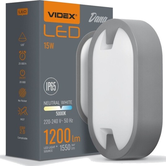 15W LED bulkhead vegg/taklampe   IP65 1200lm 5000K grå IK07 oval   Kulør : Nøytral