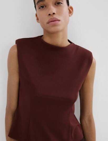 Mango Peplum Shoulder Pad T Shirt Burgundy XS