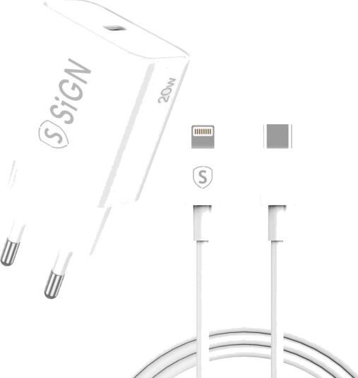 SiGN hurtiglader for Airpods maks. 20W med USB-C til Lightning-kabel, 2m Hvit