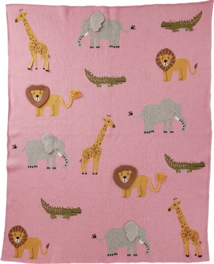 Rice Knitted Baby Blanket with Animals and 3D Details Pink