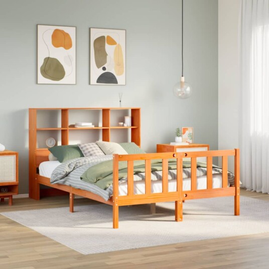 Seng med bokhylle uten madrass voksbrun 140x190 cm heltre furu 8721158605054