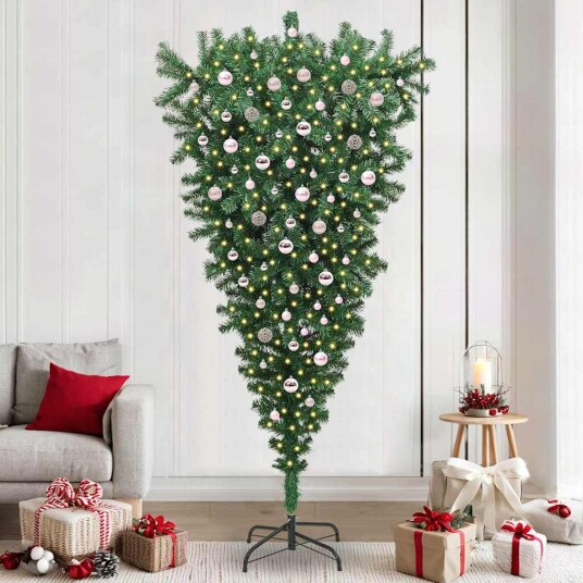  Opp ned kunstig forlystelses juletre med kule sett grønn 240 cm