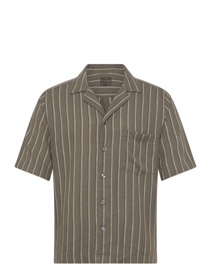 Oscar Jacobson Reg Fit Cuban Ss Herringbone Stripe Shirt Khaki green XXL