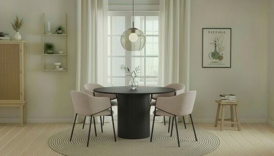 Bark Kopparbo Rundt Spisebord 130 cm med 4 Filip Spisestoler Svart tre / Taupe Bouclé