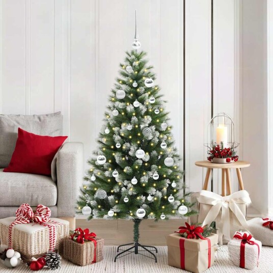  Kunstig leddet juletre med flocket snø Grønn og hvit 150 cm