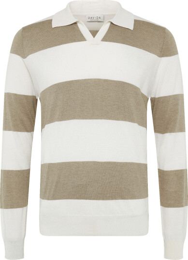 Davida Cashmere Man Fine Knit Open Collar Striped   Beige   M