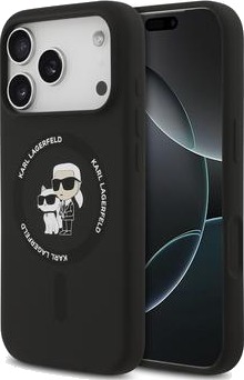 Karl Lagerfeld MagSafe Mobildeksel for iPhone 17 Pro – Svart Silikon med Karl & Choupette Design