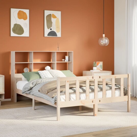 Seng med bokhylle uten madrass 150x200 cm heltre furu 8721158609229