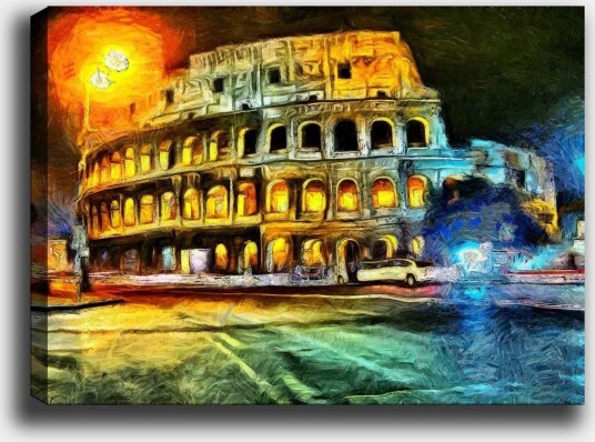 Lerretsbilde 70x100 cm Fargerik og impresjonistisk skildring av Colosseum i Roma opplyst av gult og oransje lys Gul / Blå / Oransje
