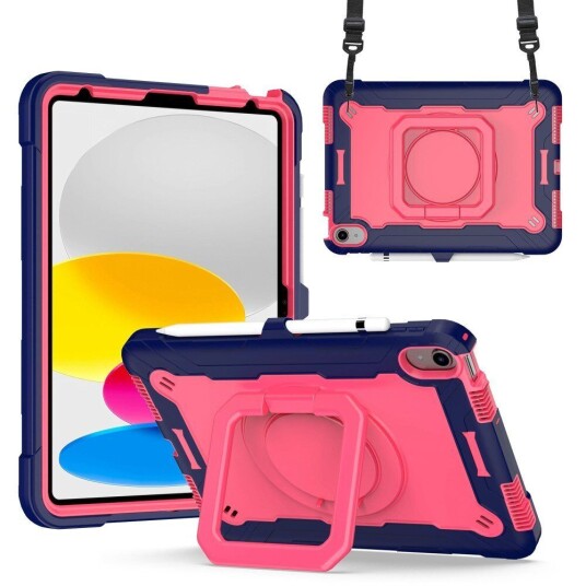 INCOVER iPad 10.9 (2022) Silikondeksel med 360 Graders Stativ og Bærestropp - Rosa / Blå