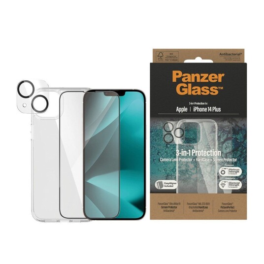 PanzerGlass iPhone 14 Plus PanzerGlass 3-i-1 Bundle med EasyAligner - Beskyttelsesglass (UWF) / Deksel / Kamerabeskyttelse - Gjennomsiktig