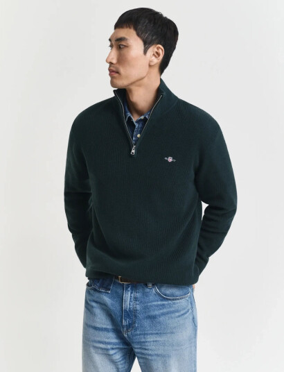 GANT Cotton Merino Ribbed Half Zip - Green - XL