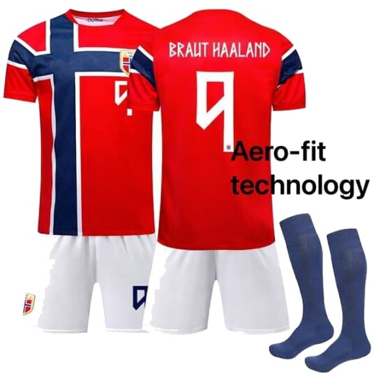 VM 2026 AERO-FIT Norges Herrelandslag Hjemmedrakt for Barn+Shorts+Sokker (Nr. 9 Haaland Trykt)