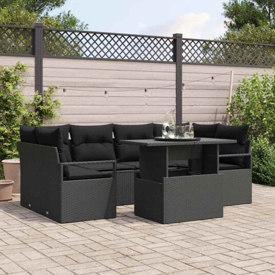 Hagesofa Set med lagring 7 pcs Svart Poly rattan