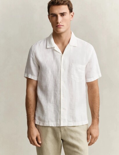 GANT Reg Gmnt Dyed Linen Ss Camp Shirt   White   M
