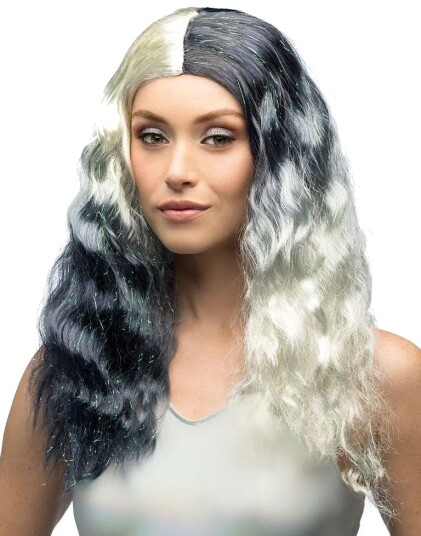 Galaxy Svart og Hvit Split Color Parykk med Glitterstriper