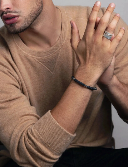 Nialaya Men"s Hexagon Beaded Bracelet With Black Onyx And Silver   Black   M
