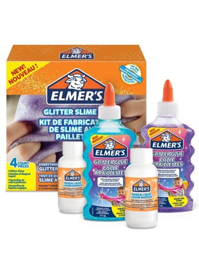 Elmer's Glitter slime kit. Inneholder lilla og blå glitterlim og 2 flasker med magisk væske slimaktivator, 4 deler
