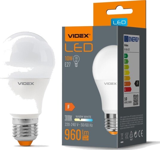 Videx E27 10W LED pære   A60 960lm 3000K varm hvit   Kulør : Varm