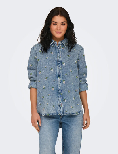 ONLY Onlvera L/S Flower Emb Shirt Dnm Noos   Blue   S