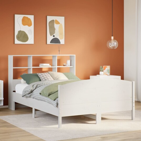Seng med bokhylle uten madrass hvit 120x200 cm heltre furu