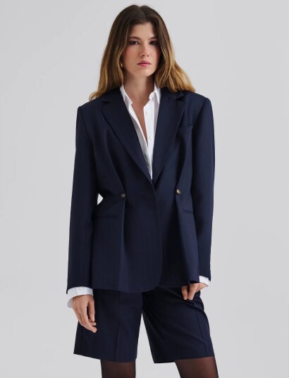 Malina Illiana Fitted Button Detailed Wool Blend Blazer Navy 38