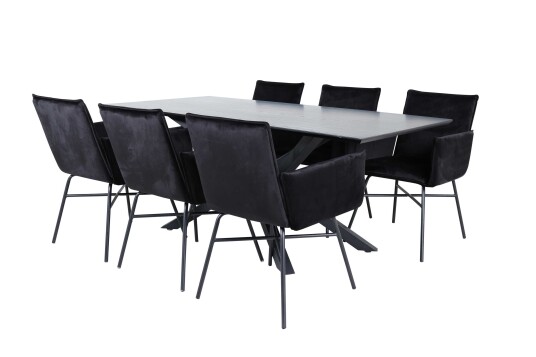Venture Design Piazza & Petra spisegruppe Svart/svart 6 stoler & bord 180 x 90 cm