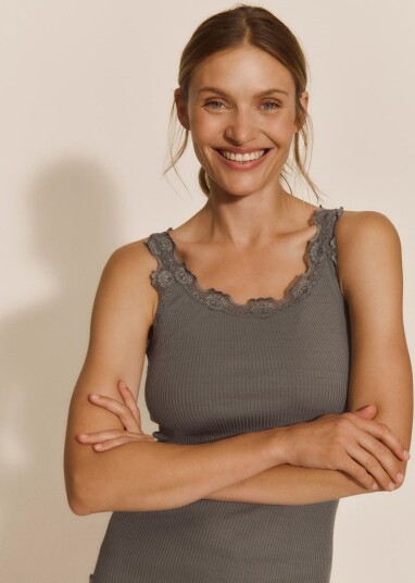 Rosemunde Rwbabette Silk Sl U Neck Long Lace Top Grey XXL
