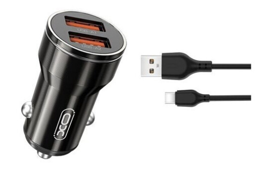 XO billader med 2x USB 2,4A & USB-C kabel - sort