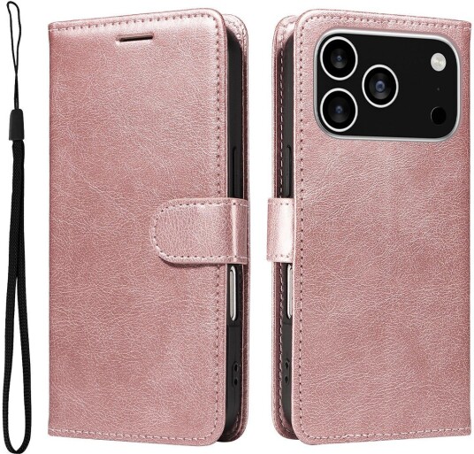 EIDERWOOD iPhone 17 Pro Deksel i Kunstskinn med Lommebok & Stropp Rose Gold