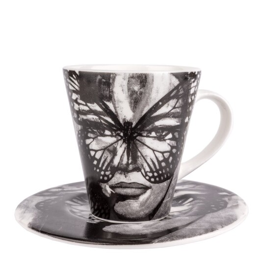 Carolina Gynning Espressokopp med fat Golden Butterfly 9 cl svart/hvit
