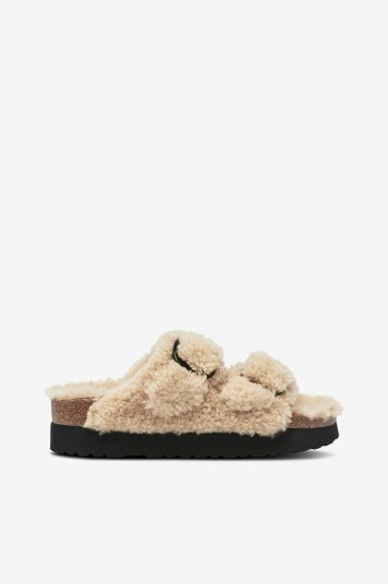 Birkenstock Tøfler Arizona Big Buckle Platform Fur Hvit