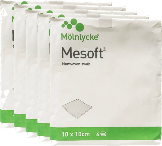Mesoft Usterile kompresser 10x10 cm x5 5 x Usteril 10 x 10 cm 100 stk. Mesoft Usterile kompresser 10x10 cm x5 5 x Usteril 10 x 10 cm 100 stk.
