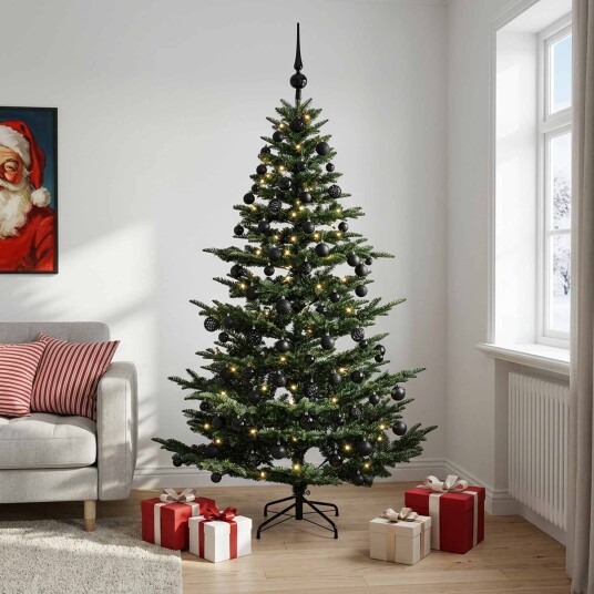 vidaXL Kunstig juletre med julekuler 240 cm 300 LED-lys Varmhvit