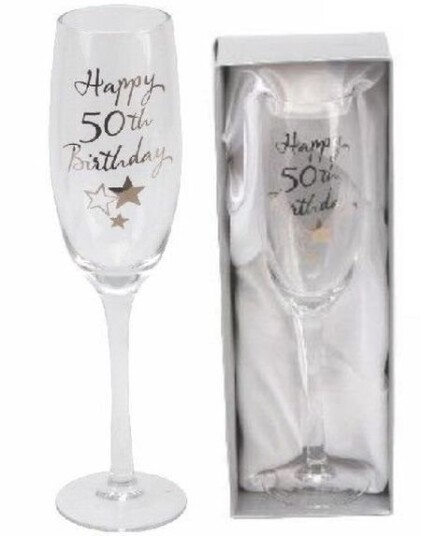 Happy 50th Birthday   Champagneglass med Sølvfarget Tekst og Motiver i Gaveeske 23 cm