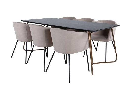 Venture Design Petra & Berit spisegruppe Beige/svart 6 stoler & bord 190 x 90 cm