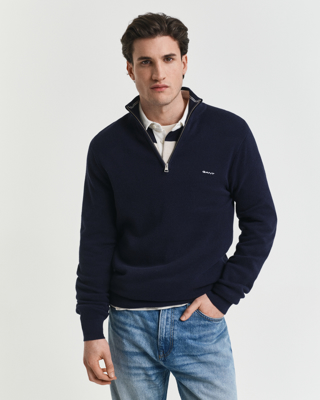 Piquestrikket bomullsgenser med half-zip i halsen EVENING BLUE M