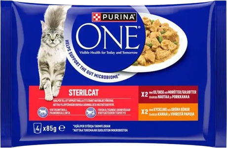Purina ONE Kattemat Sterilisert Våtfôr med Oksekjøtt og Kylling i Grønnbønnesaus 4x85g