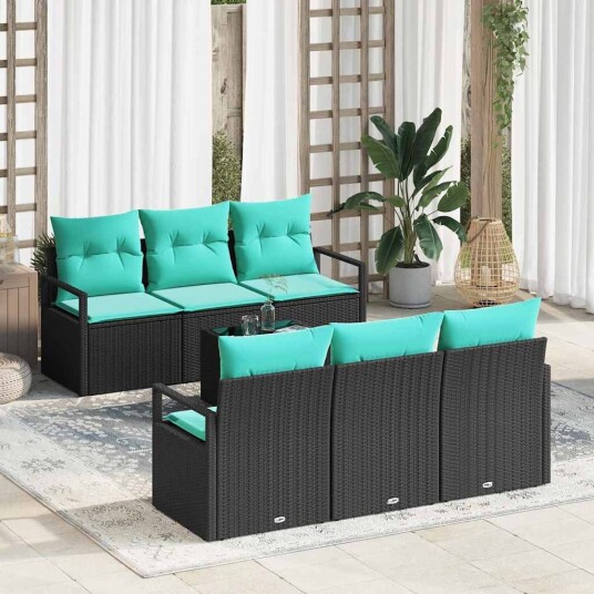 vidaXL Sofa sett med pute 7 pcs Svart og turkis polyrotting