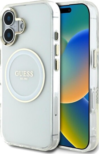 Guess IML MagSafe-etui for iPhone 16 med metallfarget sirkel - Hvit Guess IML MagSafe-etui for iPhone 16 med metallfarget sirkel - Hvit