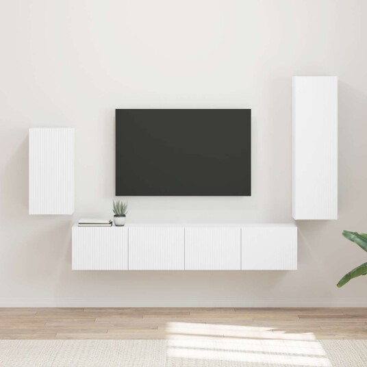 TV benksett Veggmontert 4 pcs Hvit Konstruert tre