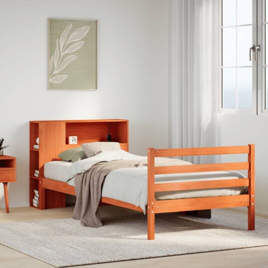 Seng med bokhylle uten madrass voksbrun 90x190 cm heltre 8721158606679