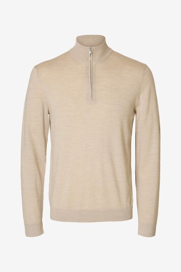 Selected Homme Genser slhTray LS Knit Merino Half Zip Beige