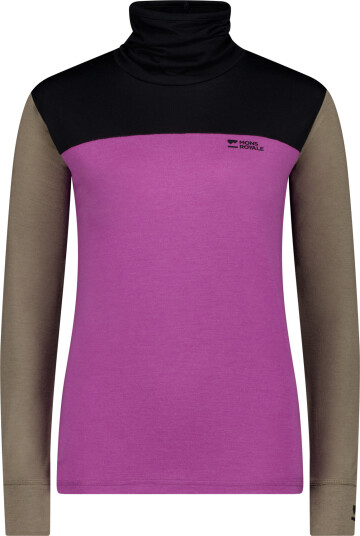 Mons Royale Women's Yotei Merino High Neck Long Sleeve Purple Bolt/Walnut/Black XS