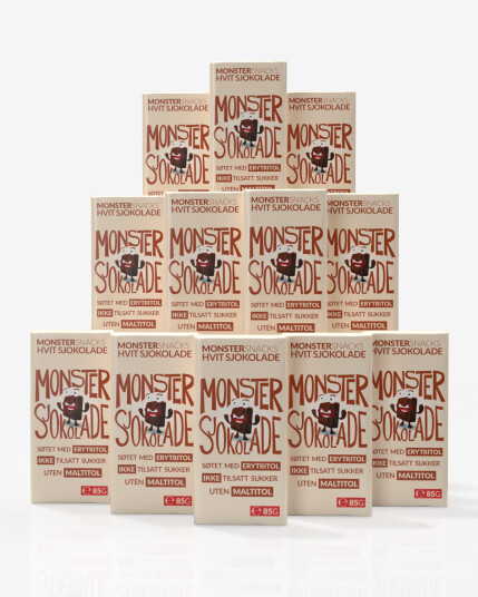Monster Lavkarbo Belgisk Hvit Sjokolade - UTEN MALTITOL - 12x85g - PAKKETILBUD Monster Lavkarbo Belgisk Hvit Sjokolade - UTEN MALTITOL - 12x85g - PAKKETILBUD