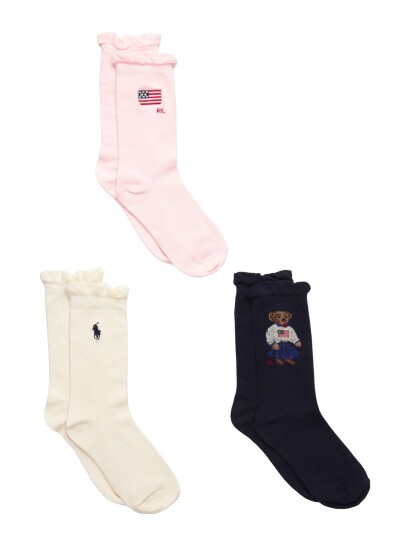 Ralph Lauren Kids Polo Bear Crew Sock 3 Pack Pink 8/9.5