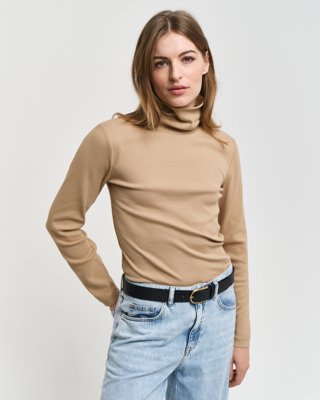 Ribbet langermet turtleneck-topp CARAMEL BEIGE S