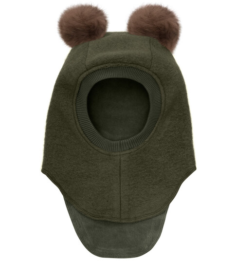 Huttelihut Balaclava Wool Alpaca Pompoms Khaki green 2 4Y Huttelihut Balaclava Wool Alpaca Pompoms Khaki green 2 4Y