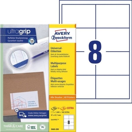 Avery Zweckform 3660 200 Universelle Etiketter 97 X 67.7 Mm Papir Hvid 1760 Stk